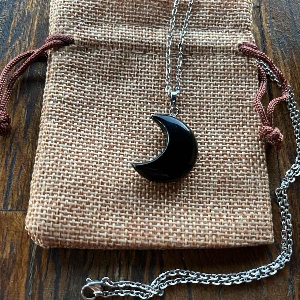 Genuine Black Obsidian Necklace Black Obsidian Moon Necklace Obsidian Pendant - Picture 1 of 2